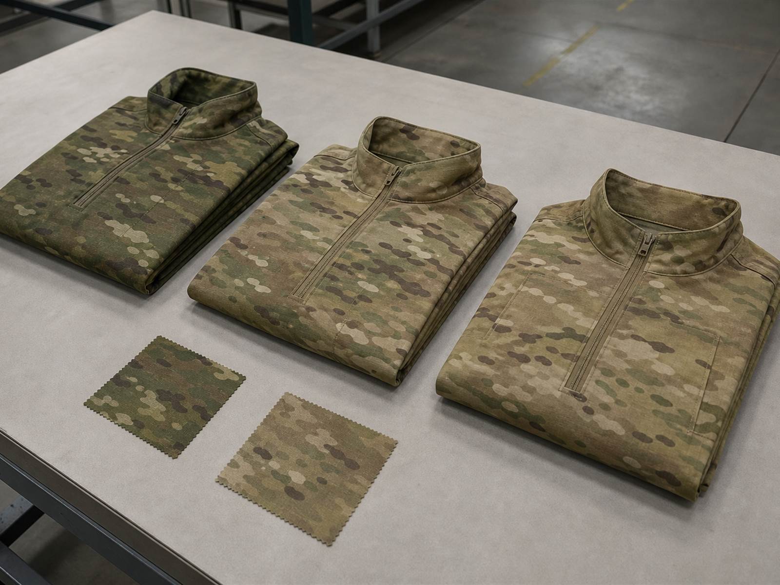 Tactical apparel batch consistency - garments from separate batches compared against approved standard swatches