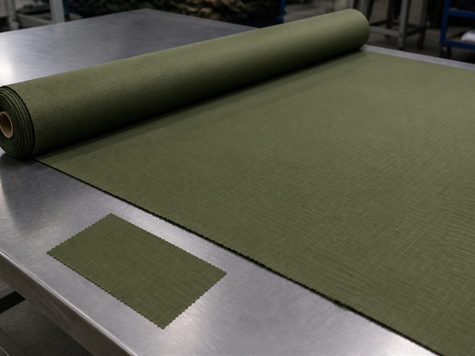 Tactical fabric sourcing - ripstop fabric inspected on a factory table against an approved swatch