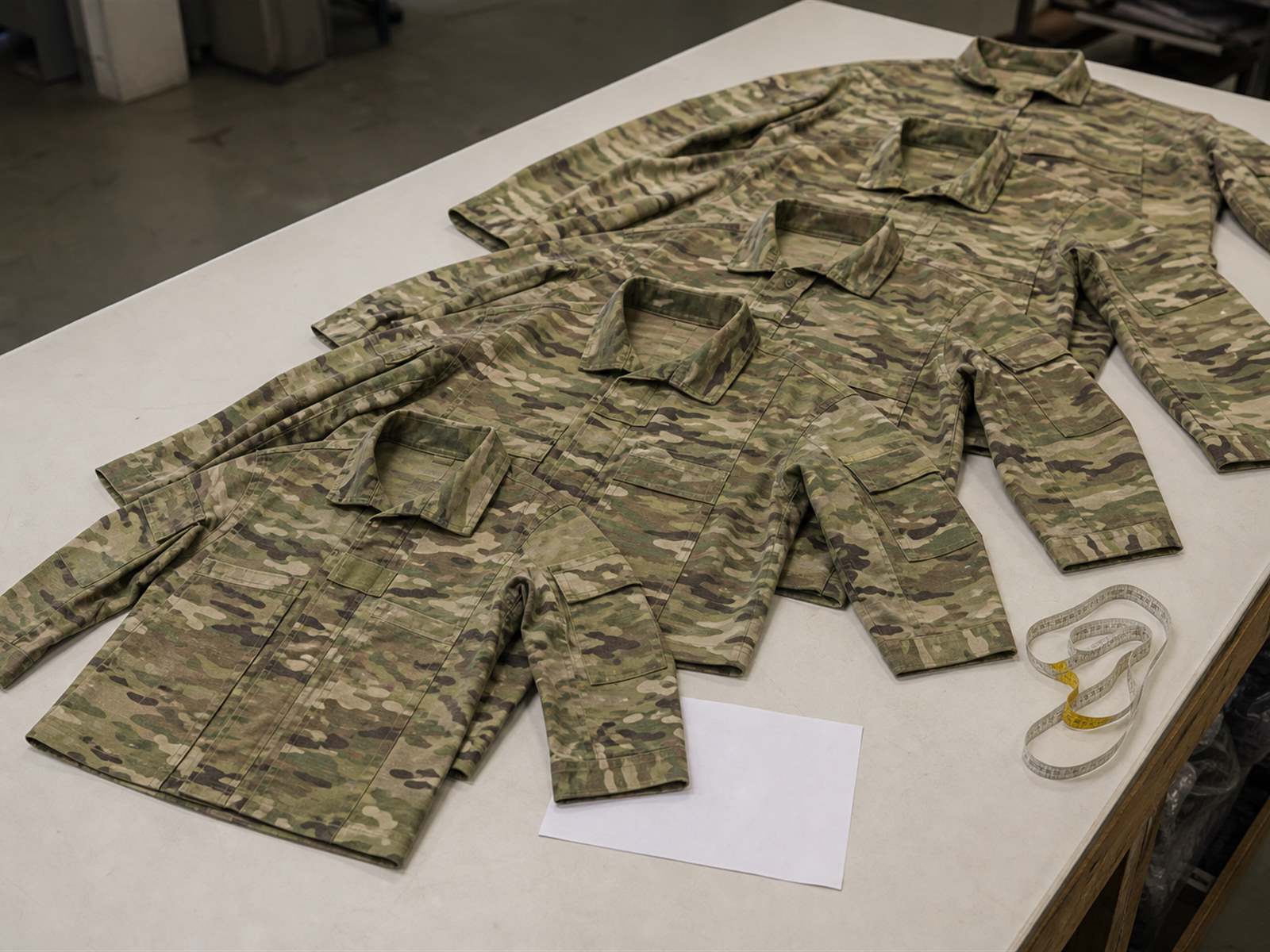 Tactical apparel size development - full size set laid out with tape measure and measurement chart