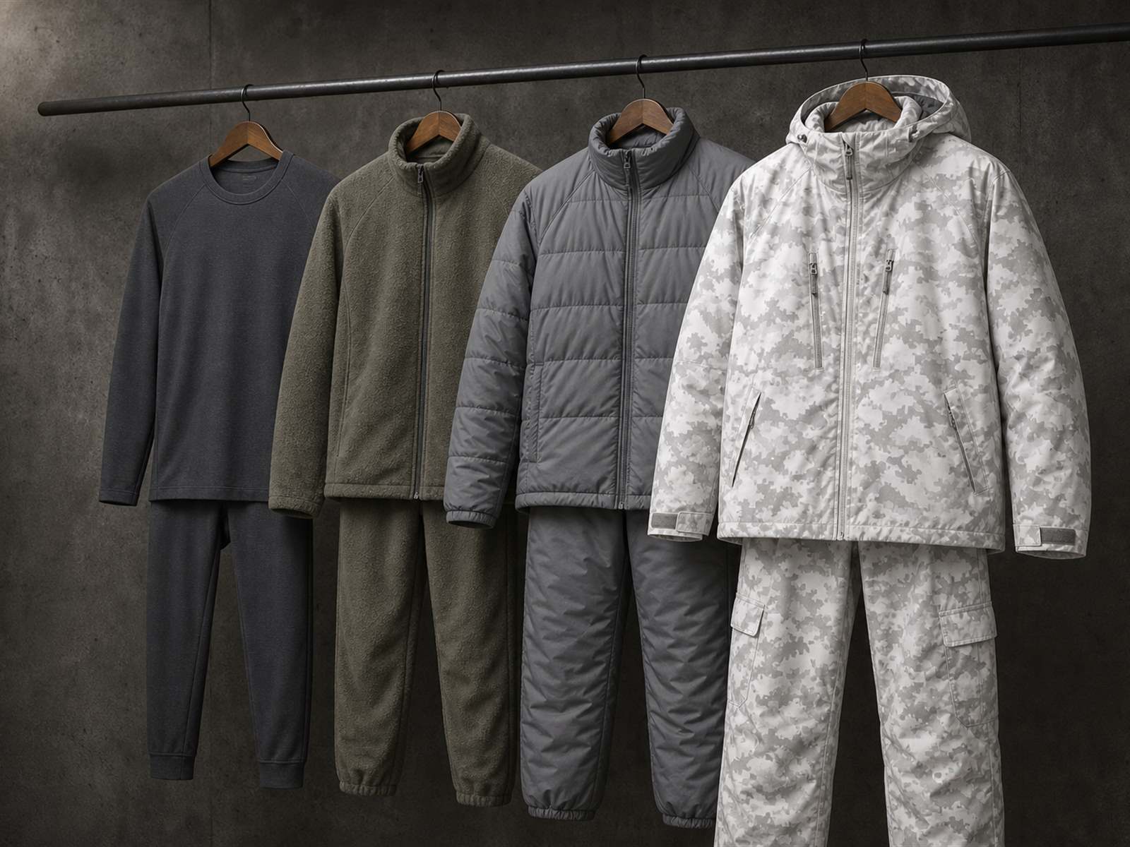 Cold weather layering system with base layer, mid layer, insulation layer and shell arranged in stack order