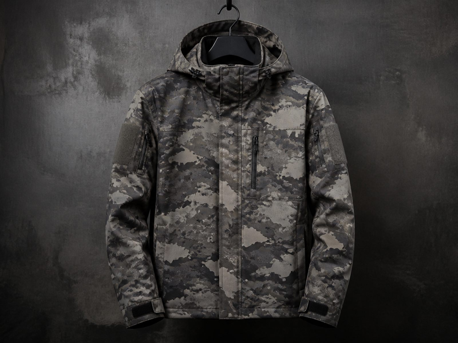 Custom tactical softshell jacket with wind resistant stretch fabric and adjustable hood for OEM buyers
