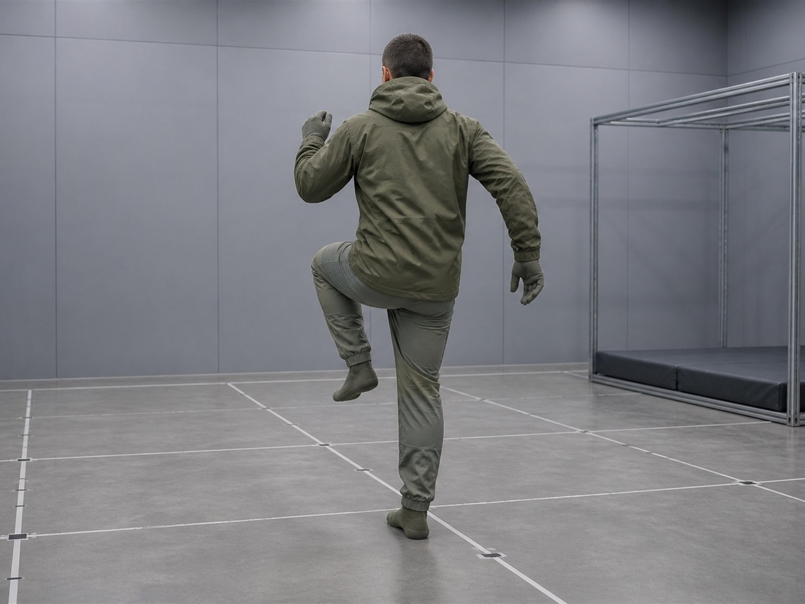 Cold weather mobility test with a wearer in a full layer stack performing a defined movement in the Field Lab