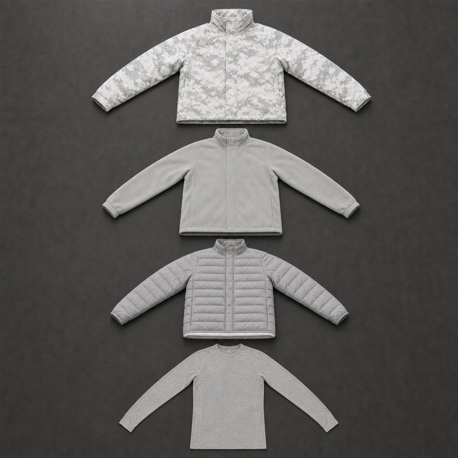 Exploded view of a cold weather tactical clothing layering system