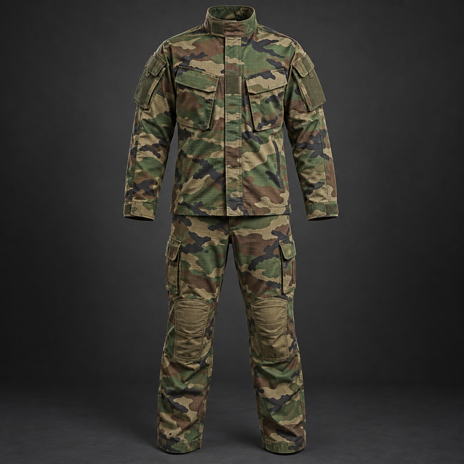 Camouflage uniform set with aligned printed panels on shirt and trousers
