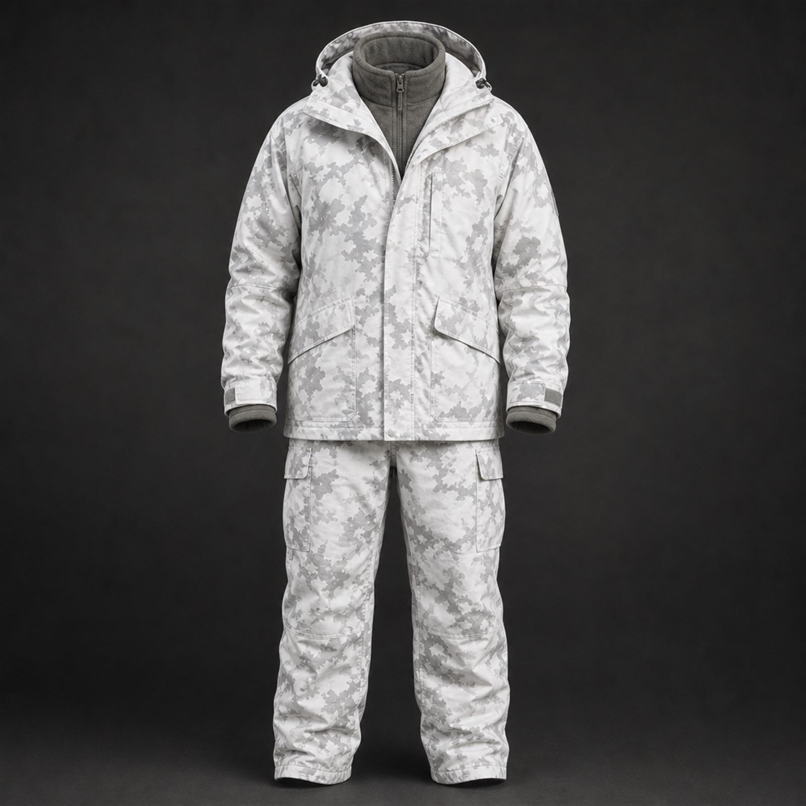 Cold weather layering system shown as an exploded stack of base layer, mid layer, insulation and outer shell