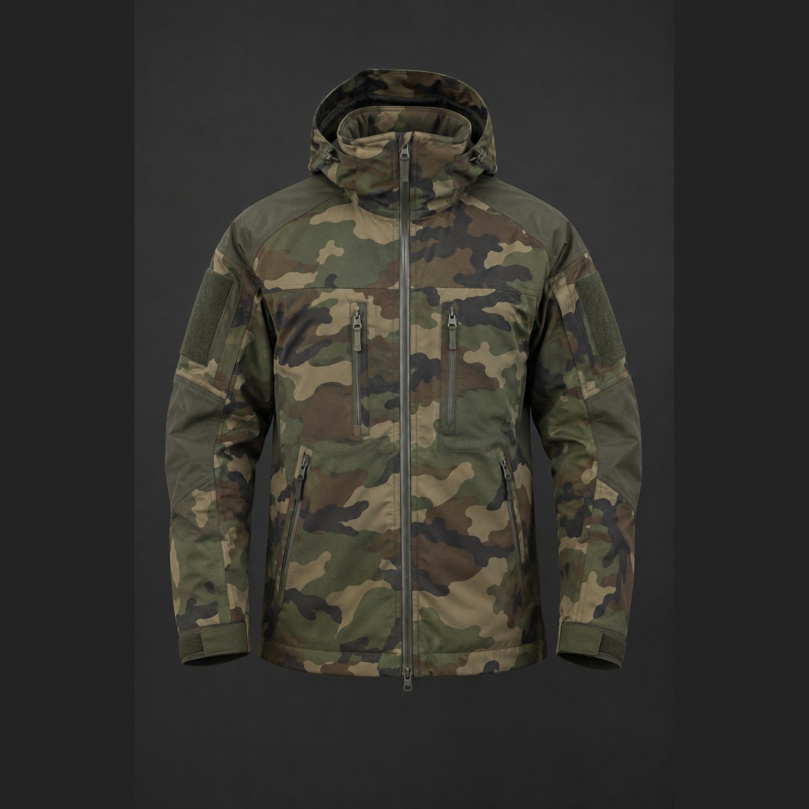 Cold weather outer shell jacket with storm-flapped front closure, adjustable hood and underarm ventilation