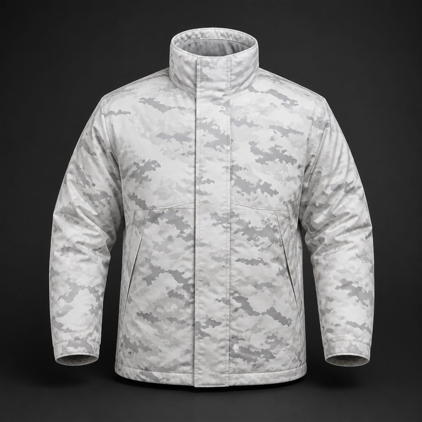 Cold weather tactical jacket with zoned insulation and insulated storm flap