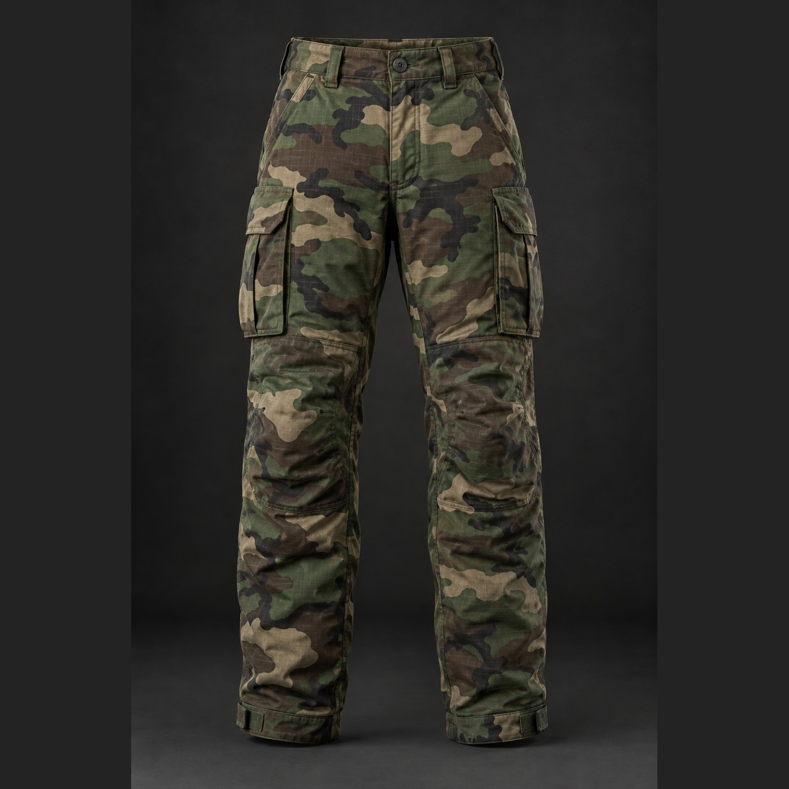 Cold weather tactical pants with wind resistant shell, insulated seat and knee panels and cuff adjustment