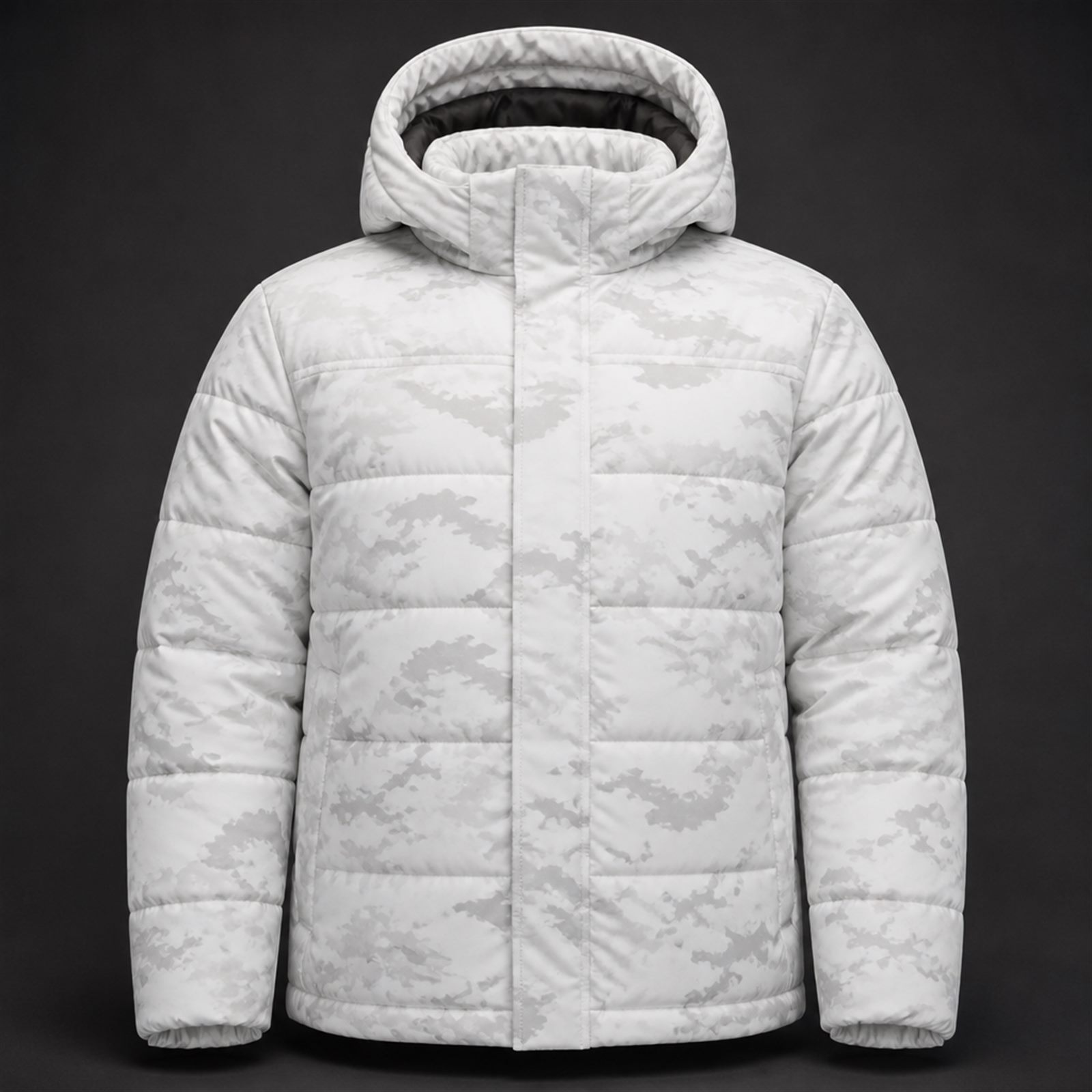 Extreme cold weather jacket with heavy mapped insulation, storm-flapped closure and adjustable volume hood