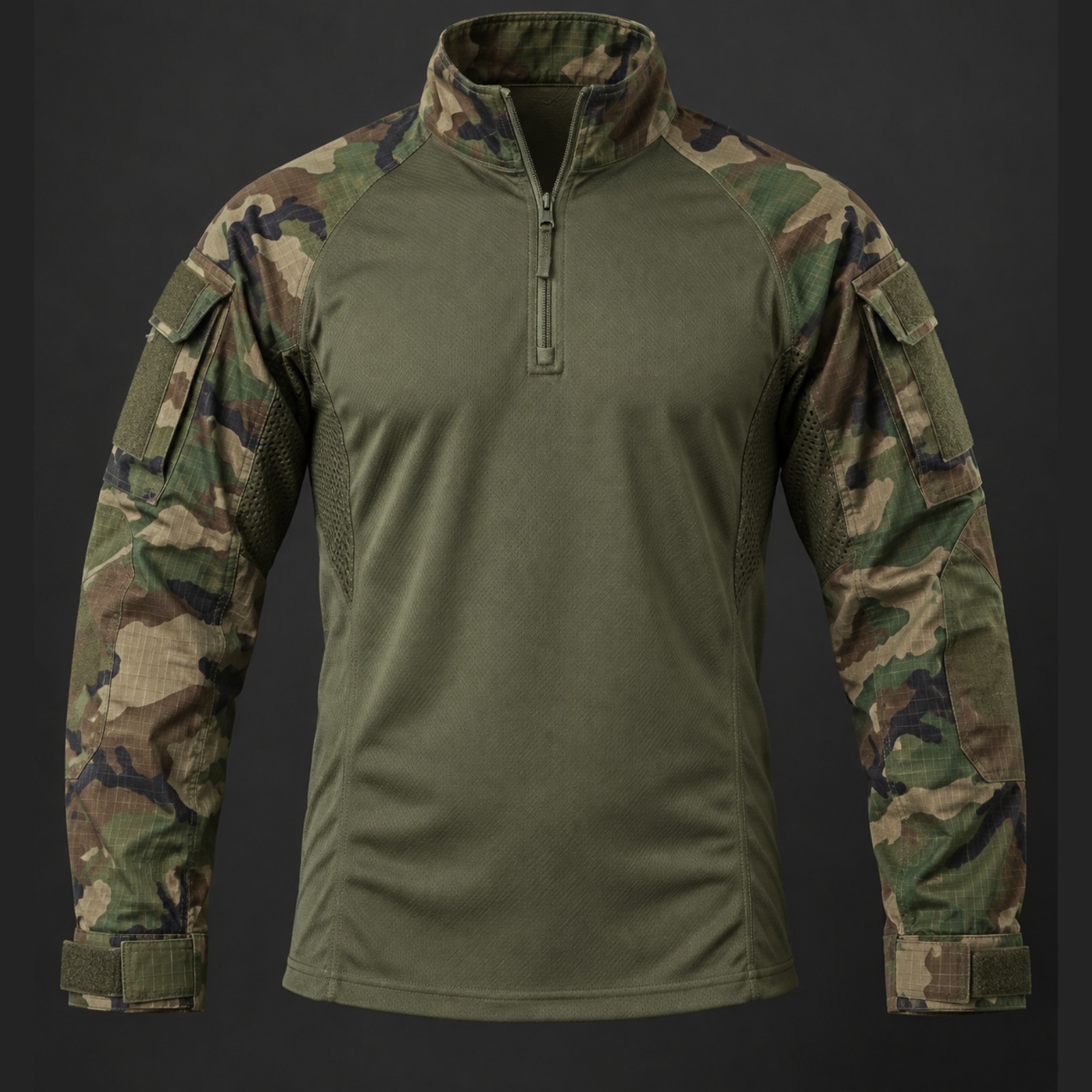 Hot weather combat shirt with lightweight quick dry torso and ripstop sleeves