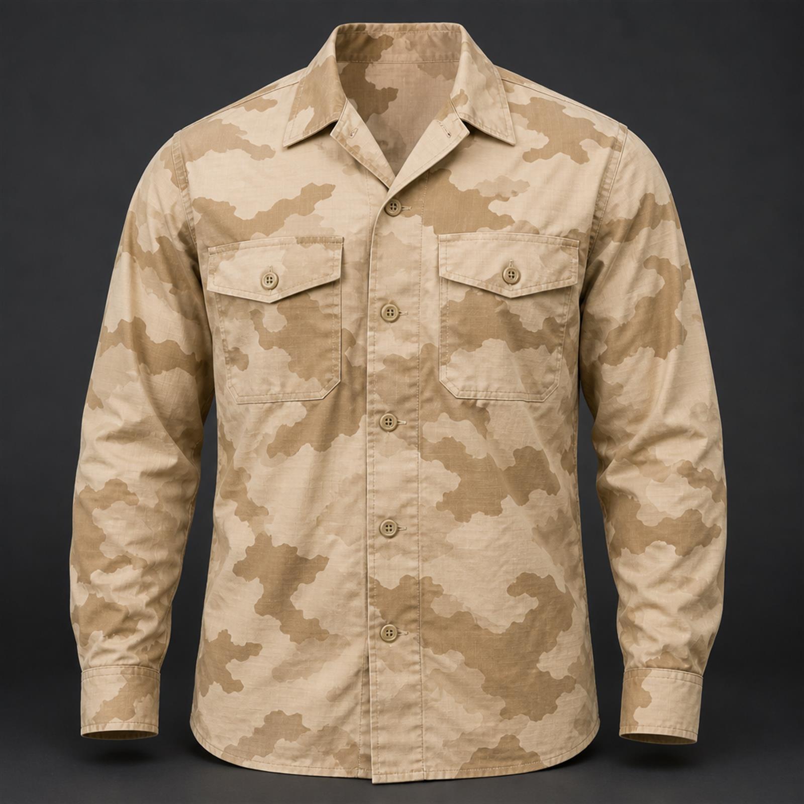 Hot weather patrol shirt with button placket, chest pockets and vented back yoke in lightweight woven fabric