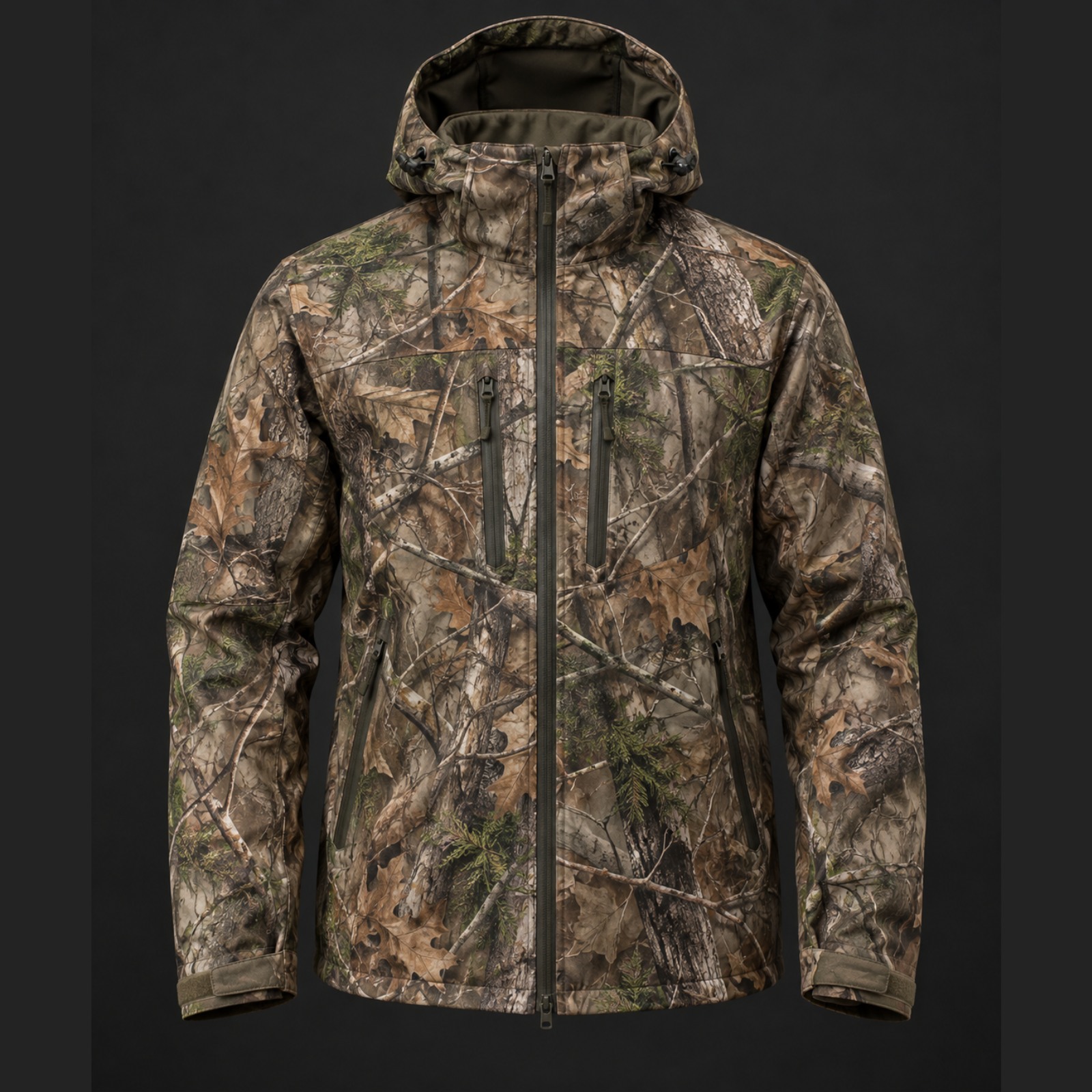 Hunting camo jacket with quiet face fabric, camouflage pattern and articulated sleeves