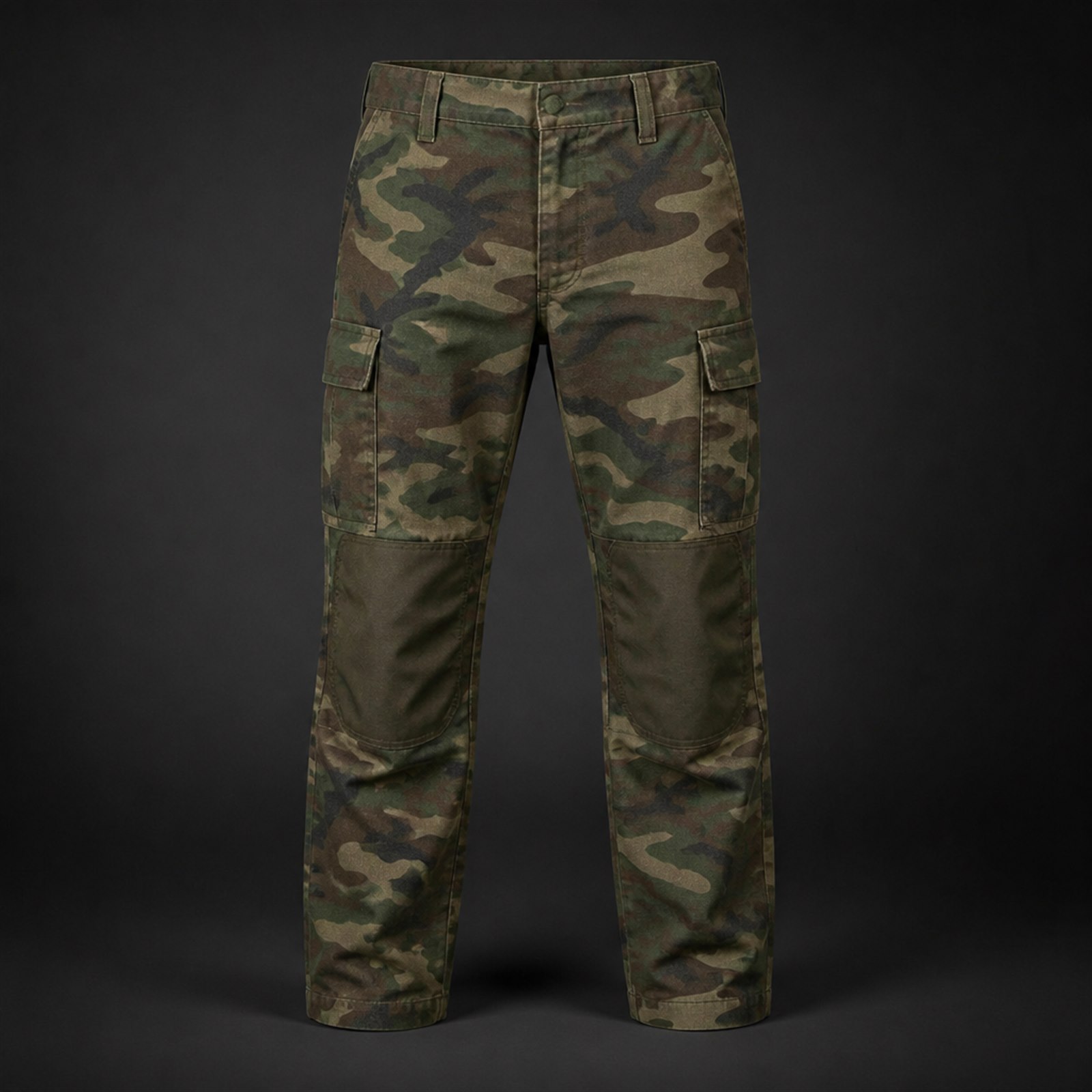 Hunting camo pants with reinforced articulated knees, gusseted crotch and boot-compatible hem