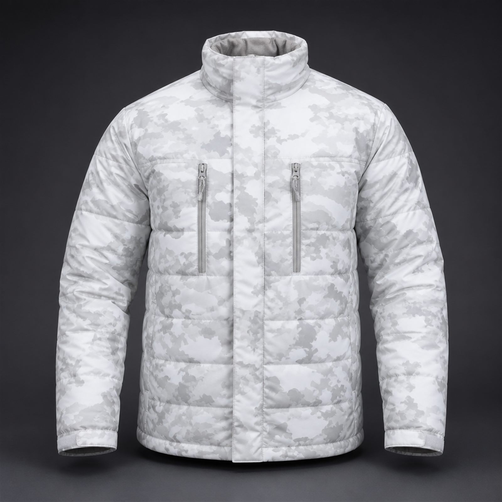 Insulated tactical jacket with mapped fill, two-way storm-flapped zip and adjustable cuffs and hem