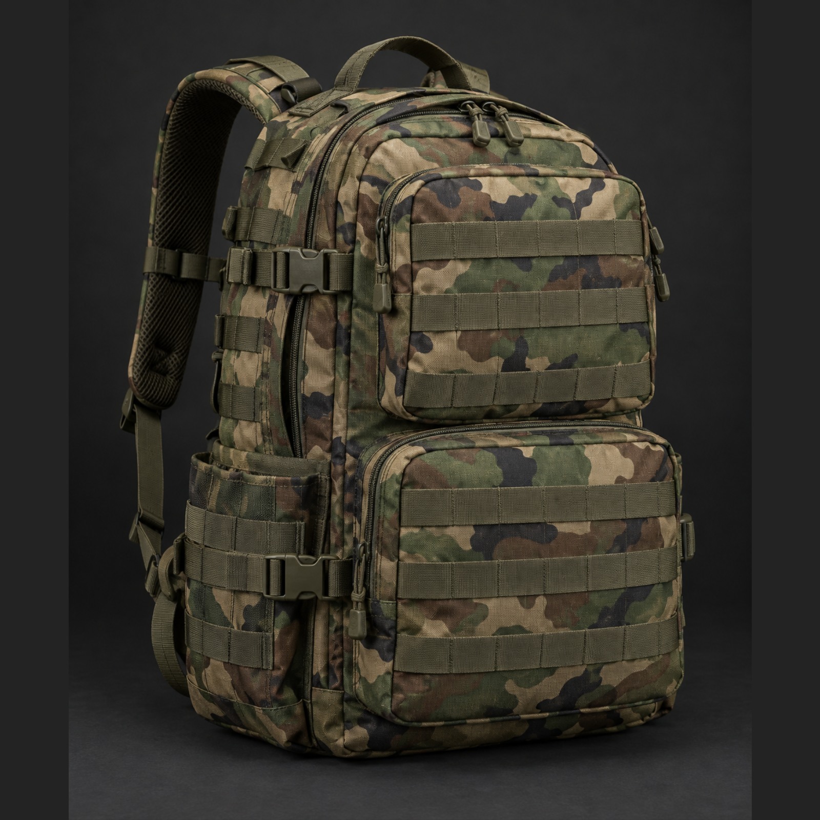 Custom MOLLE assault backpack with reinforced load-bearing straps manufactured for OEM buyers