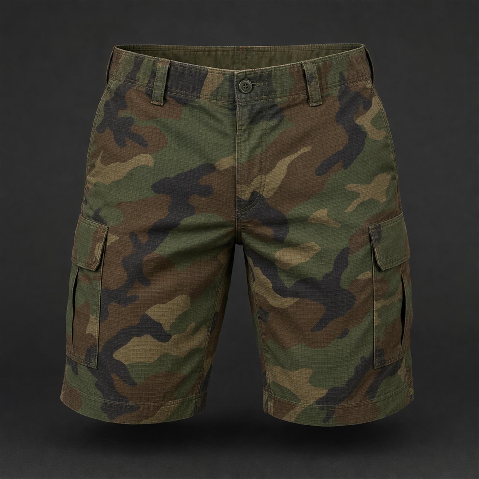 Custom ripstop cargo shorts with gusseted crotch and reinforced pockets manufactured for OEM uniform buyers