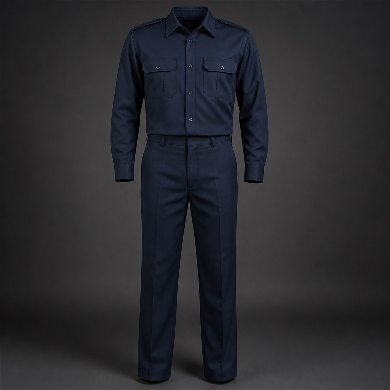 Security duty uniform set with structured collar, company badge placement and reinforced trousers