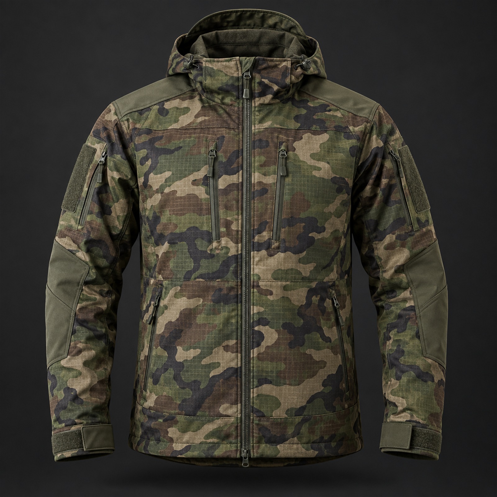 Tactical field jacket with utility pocket layout and adjustable hem