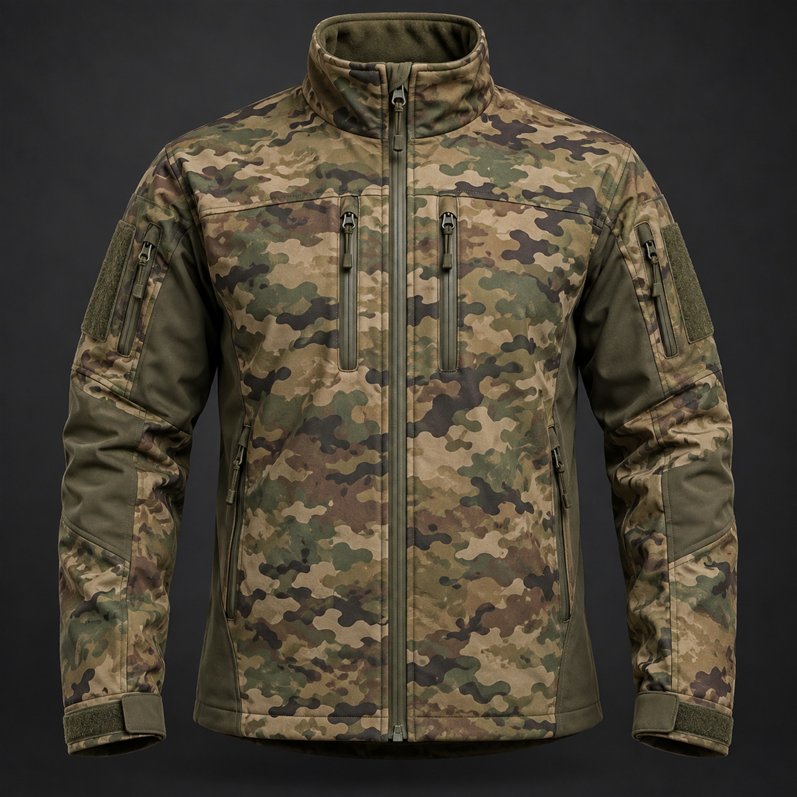 Tactical softshell jacket with wind resistant shell and underarm venting